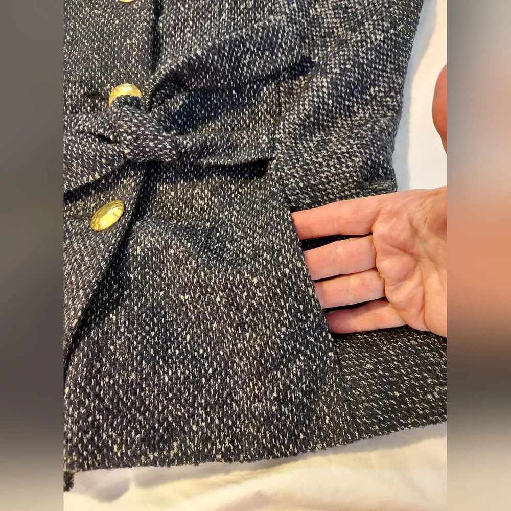 CAbi Tie Front Wool Blend Lined Tweed Vest With Gold Butons - Black/Pink - Picture 8 of 10